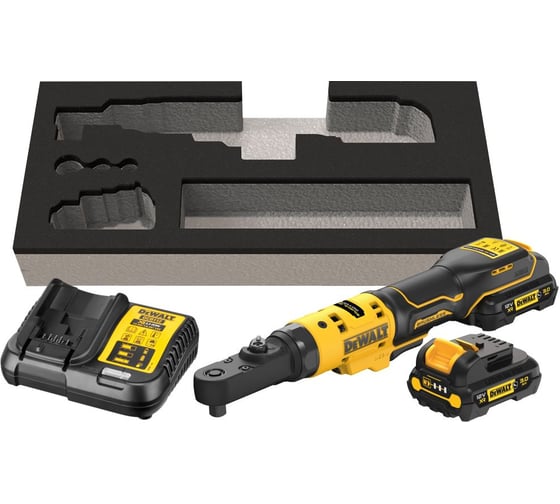 Аккумуляторный угловой гайковерт Dewalt, с трещоткой, 12 В, 67 Нм, 450 об/мин, с 2 АКБ 3 Ач и ЗУ, в чехле DCF500L2G-QW