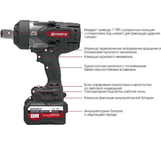 Аккумуляторный бесщеточный ударный гайковерт THORVIK BBIW012400 1DR, 21В, 2400 Нм 053709