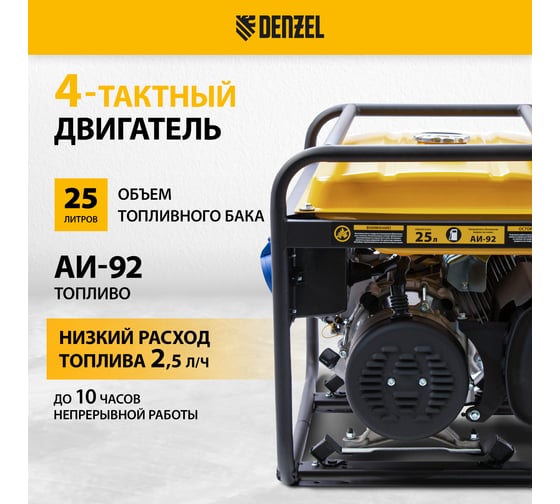 Бензиновый генератор DENZEL GE 6900 5,5 кВт, 220В 50Гц, 25 л, ручной старт 94637