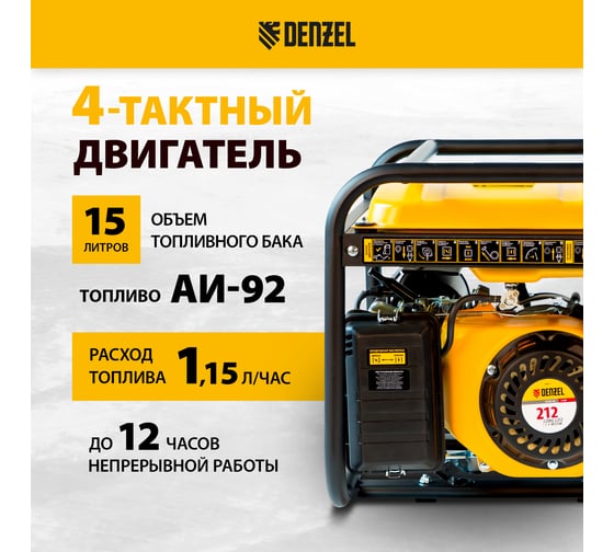 Бензиновый генератор DENZEL PS 25, 2,5 кВт, 230В, 15л, ручной стартер 946814