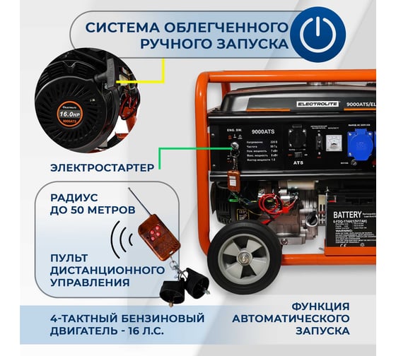 Бензиновый электрический генератор Electrolite 9000 ATS EL (автозапуск, 11.25 кВа максимальная нагрузка, 220В/12 В, 7/8 кВт, 50 Гц, 16 л.с 3484