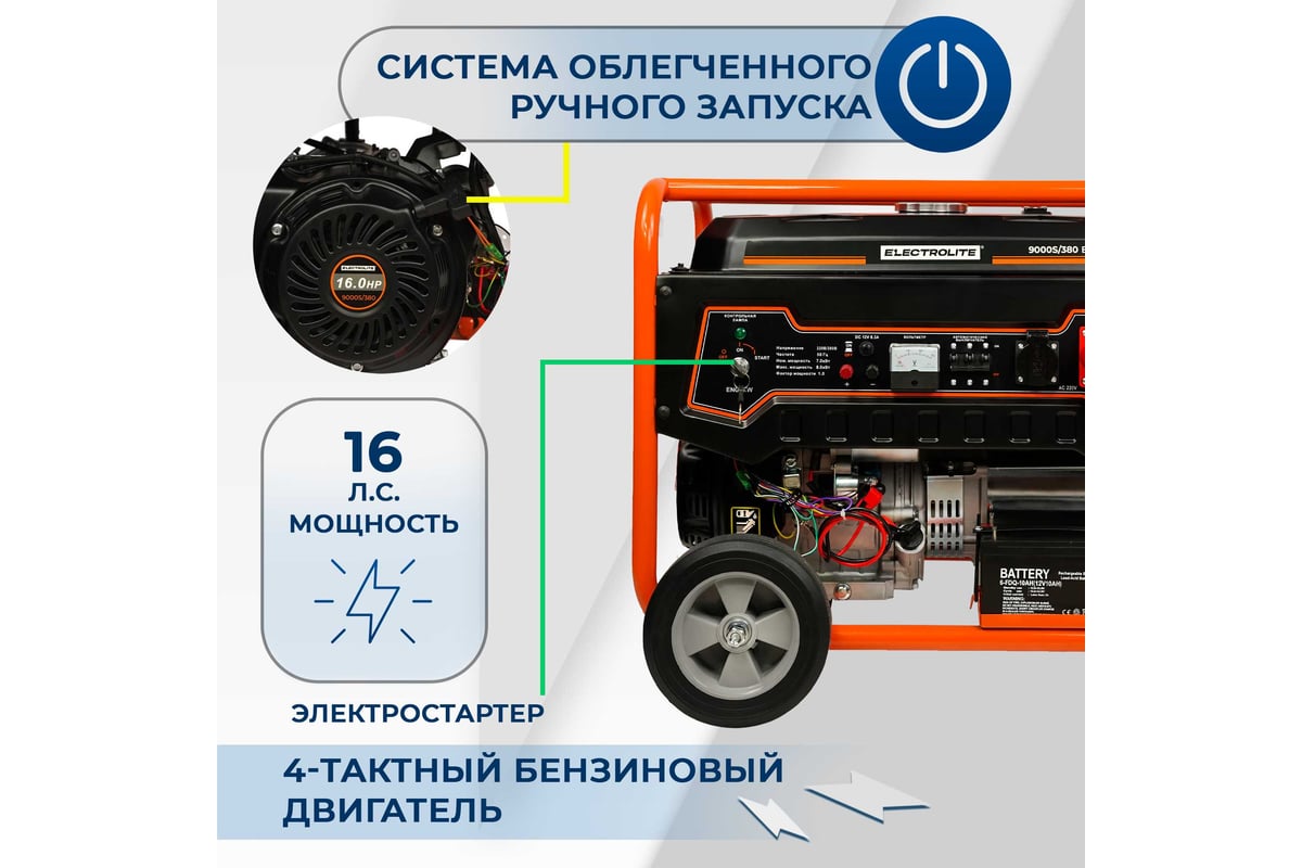 Бензиновый генератор Electrolite 9000s/380 EL 3485 - выгодная цена, отзывы,  характеристики, фото - купить в Москве и РФ