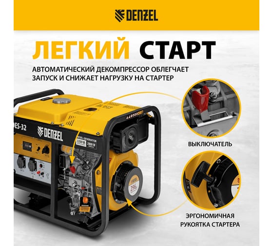 Дизельный генератор Denzel des-32, 3.2 квт, 230 в, 11 л, ручной стартер 94411