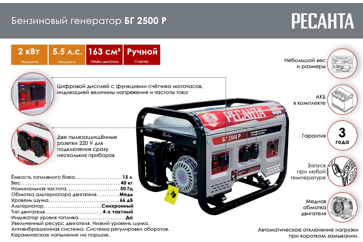 Электрогенератор Ресанта БГ 2500 Р 64/1/50 - выгодная цена, отзывы,  характеристики, 6 видео, фото - купить в Москве и РФ