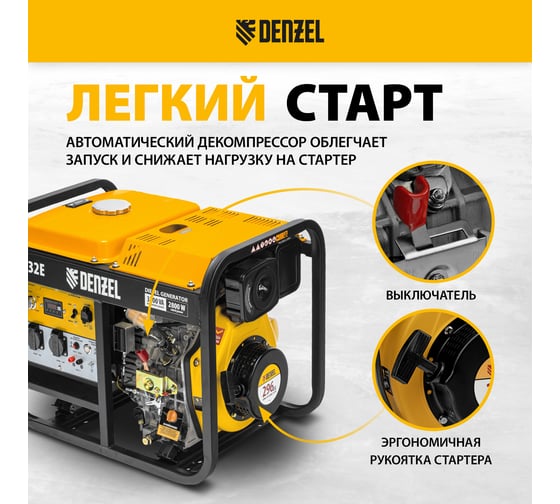 Дизельный генератор Denzel DES-32E 3,2 кВт, 230 В, 11 л, электростартер 94412