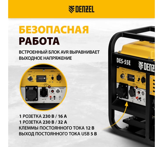 Дизельный генератор Denzel DES-55E 5.5 кВт, 230 В, 11 л, электростартер 94414