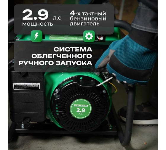 Бензиновый электрический генератор Electrolite 1500 EL 4-х тактный двигатель, 1.875 кВа пиковая нагрузка, 220 В / 12 В, 1 / 1.2 кВт, 50 Гц, ручной стартер 6288