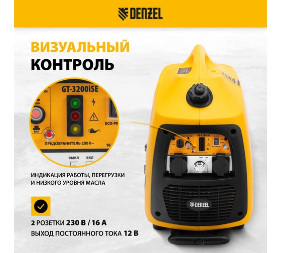 Инверторный генератор Denzel GT-3200iSE 3,2 кВт, 230 В, бак 6 л, закрытый корпус, электростартер 94703