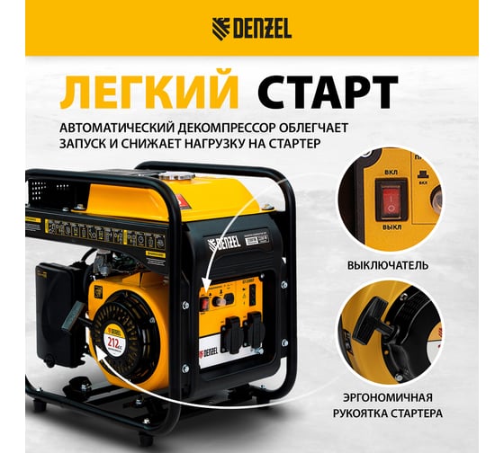 Инверторный генератор Denzel GT-2500iF, 2,5 кВт, 230 В, бак 5 л, открытый корпус 94704