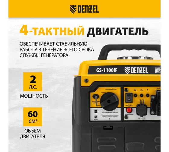 Генератор инверторный Denzel GS-1100iF, 1,1 кВт, 230 В, ручной старт 94706