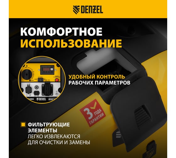 Генератор инверторный Denzel GS-2200iS, 2,2 кВт, 230 В, закрытый корпус, ручной старт 94713