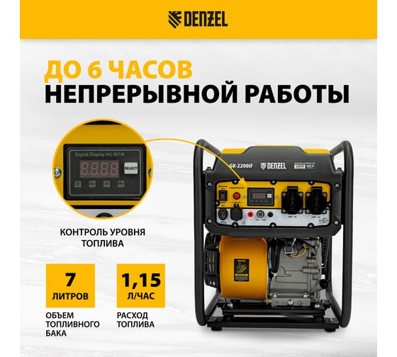 Генератор инверторный Denzel GK-2200iF, 2,2 кВт, 230 В, ручной старт 94707