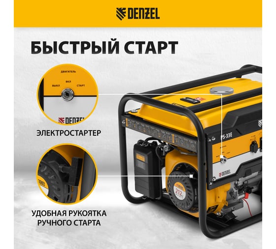 Бензиновый генератор Denzel PS-33E, 3,3 кВт, 230В, 15 л, электростартер 94537