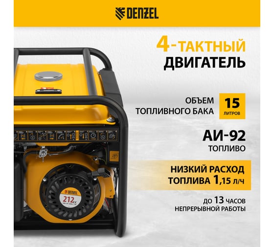 Бензиновый генератор Denzel PS-33E, 3,3 кВт, 230В, 15 л, электростартер 94537