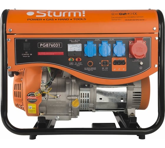 Бензогенератор Sturm 6000 Вт, 3х фазный, ручной стартер, 72 дБ, 86 кг, объем бака 25 л PG876031