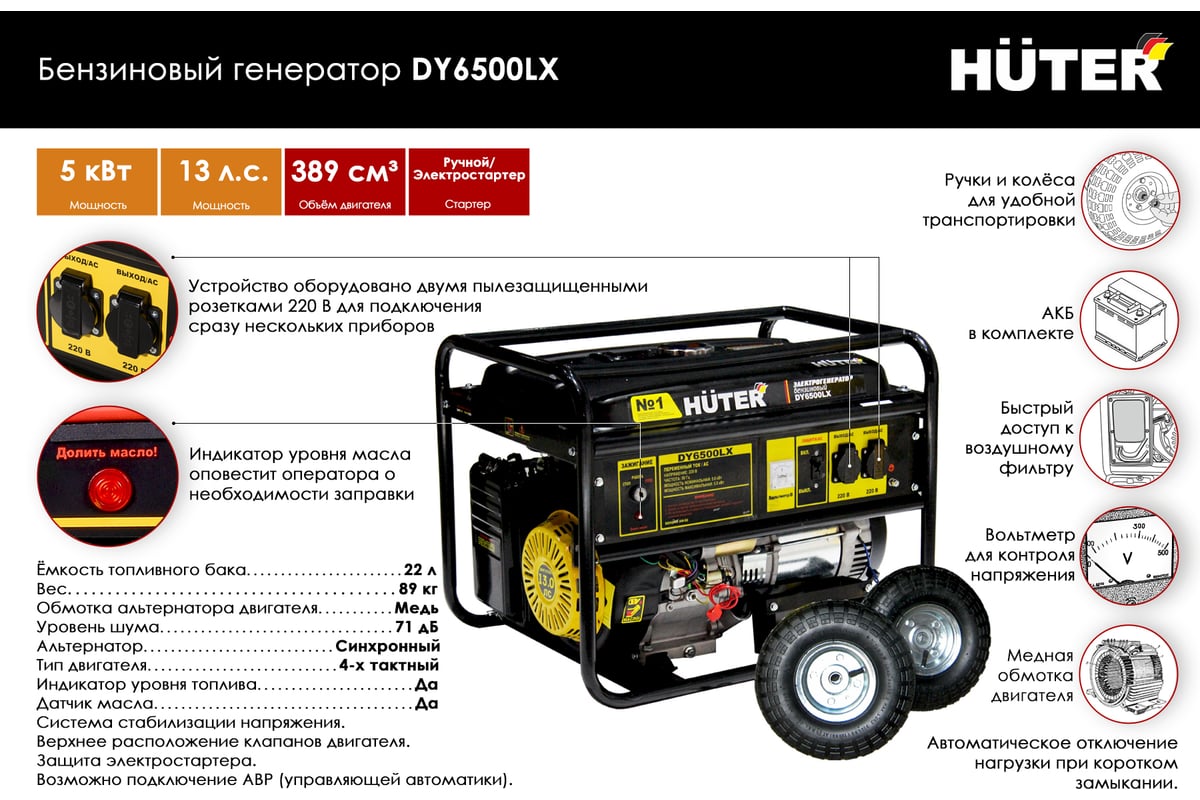 Электрогенератор Huter DY6500LX с колёсами и аккумулятором 64/1/15 -  выгодная цена, отзывы, характеристики, 6 видео, фото - купить в Москве и РФ