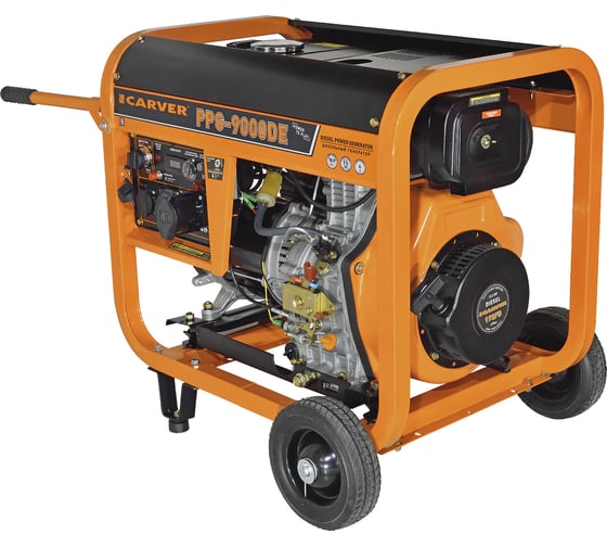 Генератор CARVER PPG- 9000DE дизель LT-192FD, 7,0/7,5кВт, 220В, бак12.5л, э/старт, колеса, медь 01.020.00024