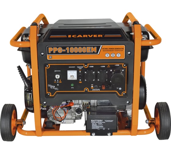 Генератор CARVER PPG-10000ЕM бензин LT-192FA, 7,0/7,5кВт, 220В, бак 33 л,электростартер, колеса, медь 01.020.00031