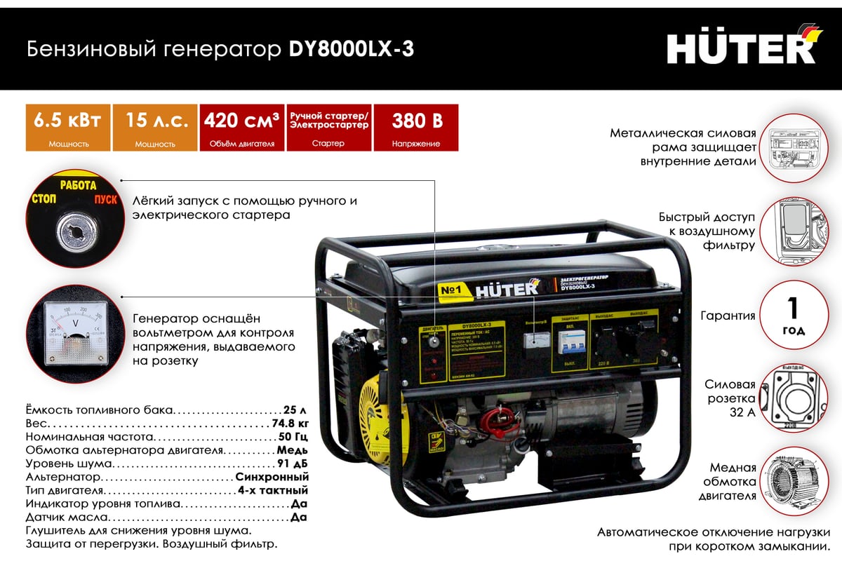 Бензиновая электростанция Huter DY8000LX-3 64/1/28 - выгодная цена, отзывы,  характеристики, 6 видео, фото - купить в Москве и РФ