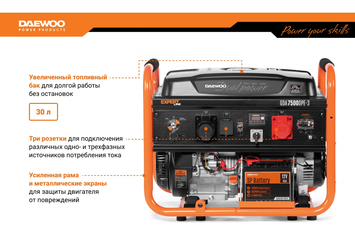 Бензиновый генератор с функцией Dual Power Daewoo GDA 7500DPE-3 - выгодная  цена, отзывы, характеристики, фото - купить в Москве и РФ