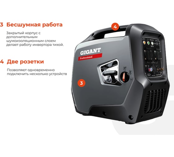 Инверторный генератор Gigant Professional (2 кВт; тихий; 12 В авторозетка/ USB; параллельная работа) GPIGL-2000