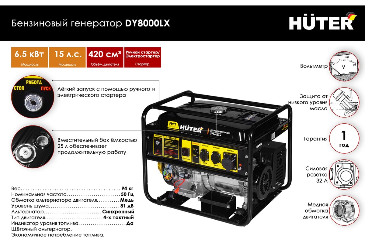 Бензиновый генератор Huter DY8000LX 64/1/19 - выгодная цена, отзывы,  характеристики, 8 видео, фото - купить в Москве и РФ