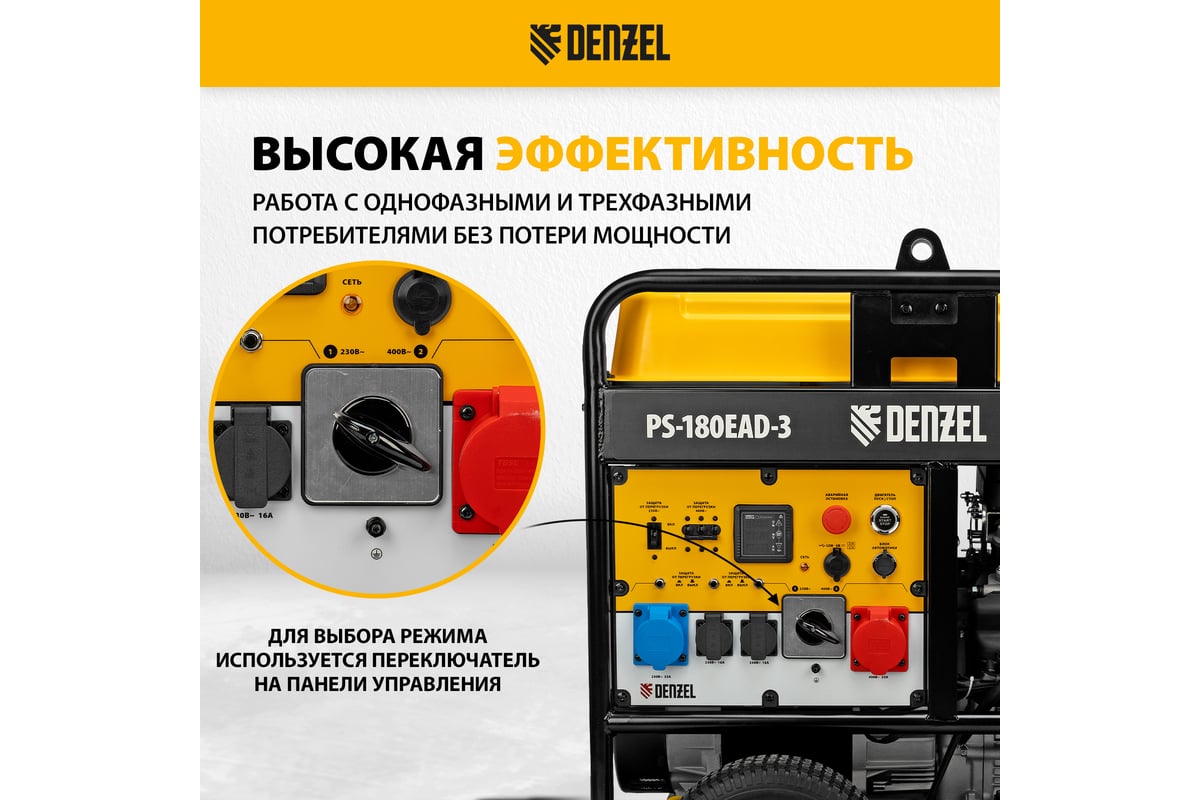 Бензиновый генератор Denzel PS-180EAD-3 18 кВт, 230/400 В, 65 л, разъём  ATS, переключение режима, электростартер 946994