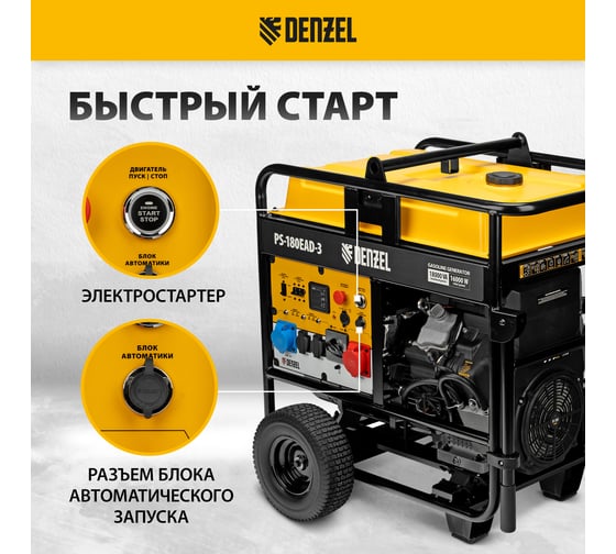 Бензиновый генератор Denzel PS-180EAD-3 18 кВт, 230/400 В, 65 л, разъём ATS, переключение режима, электростартер 946994