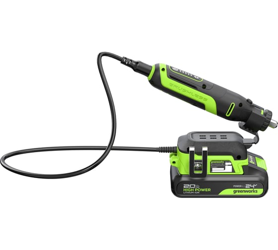 Гравер GreenWorks G24RT, 24V, б/щет, цанги 2.4/3.2мм, 6500–35000 об/мин, оснастка 52 шт, 1x2Ач,ЗУ, сумка, коробка 3200807VUA