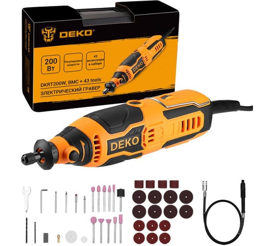 Электрический гравер DEKO DKRT200W в кейсе, с регулировкой скорости, 200 Вт, + набор аксессуаров 43 шт 083-1066 1