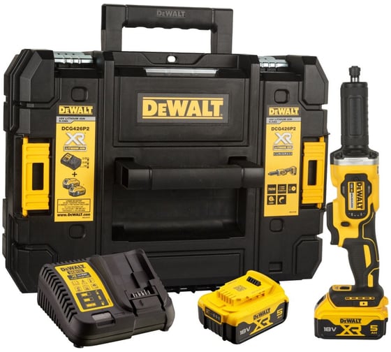 Аккумуляторная прямошлифовальная машина Dewalt DCG426P2, 18 В, 38 мм, 25000 об/мин, с 2 АКБ 5 Ач и ЗУ, в кейсе TSTAK () DCG426P2-QW