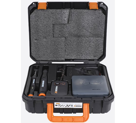 Гравировальная машинка WORX WX739.9 + Выжигатель WORX WX744.9, 20 В, 2 Ач, адаптер, ЗУ, кейс WX988