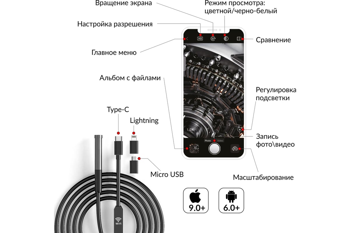 Видеоэндоскоп iCarTool USB, 2Мп, 1920x1080, 1м, 7.9 мм зонд IC-V801 -  выгодная цена, отзывы, характеристики, 1 видео, фото - купить в Москве и РФ