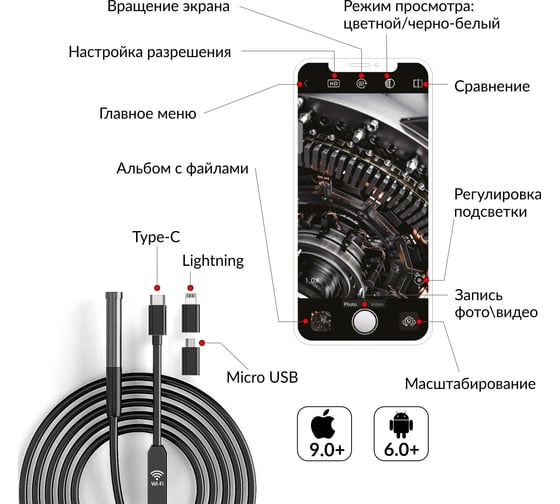 Видеоэндоскоп iCarTool USB, для смартфона/планшета 2Мп (1920x1080), зонд 7.9мм, длина 1м IC-V801