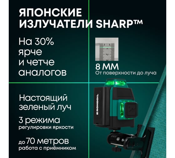 Лазерный уровень Rokodil 3D Ray Air, лазерный нивелир, 360 градусов, 12 линий, зеленый луч 1048603