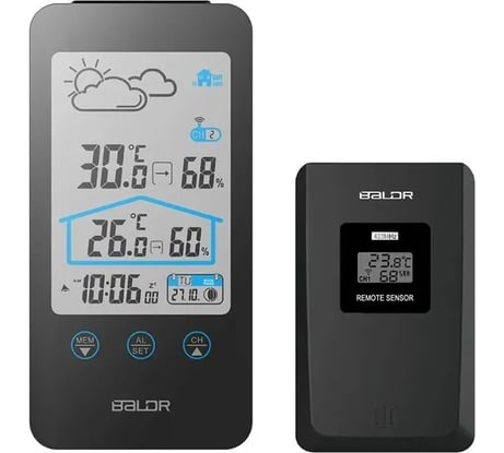 Метеостанция BALDR c показаниями температуры, влажности внутри и снаружи помещения, черная B0201WST2H2-BLACK