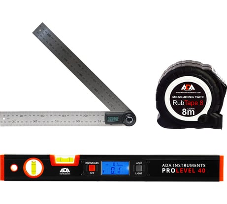Комплект ADA: цифровой уровень ProLevel 40 + рулетка RubTape 8 + угломер AngleRuler 30 А00620