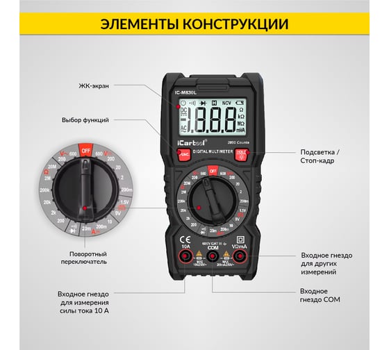 Цифровой мультиметр iCartool с подсветкой экрана, CATIII, 600 V IC-M830L