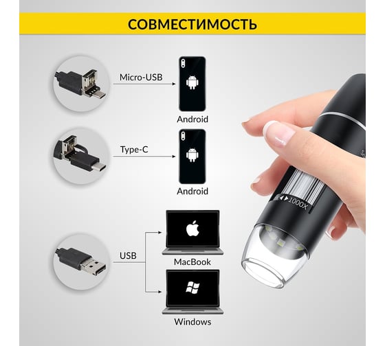 Цифровой микроскоп iCarTool USB/Micro-USB/Type-C, 2Мп, 1000X, 1920x1080, 1.5м IC-V317