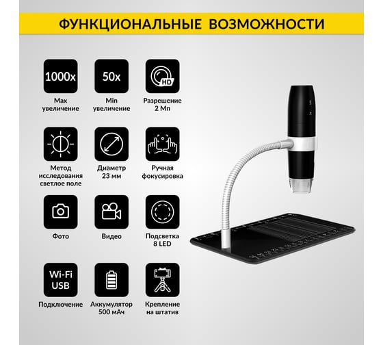 Цифровой беспроводной микроскоп iCarTool WIFI/USB, 2Мп, 1000X, 1920x1080 IC-V316