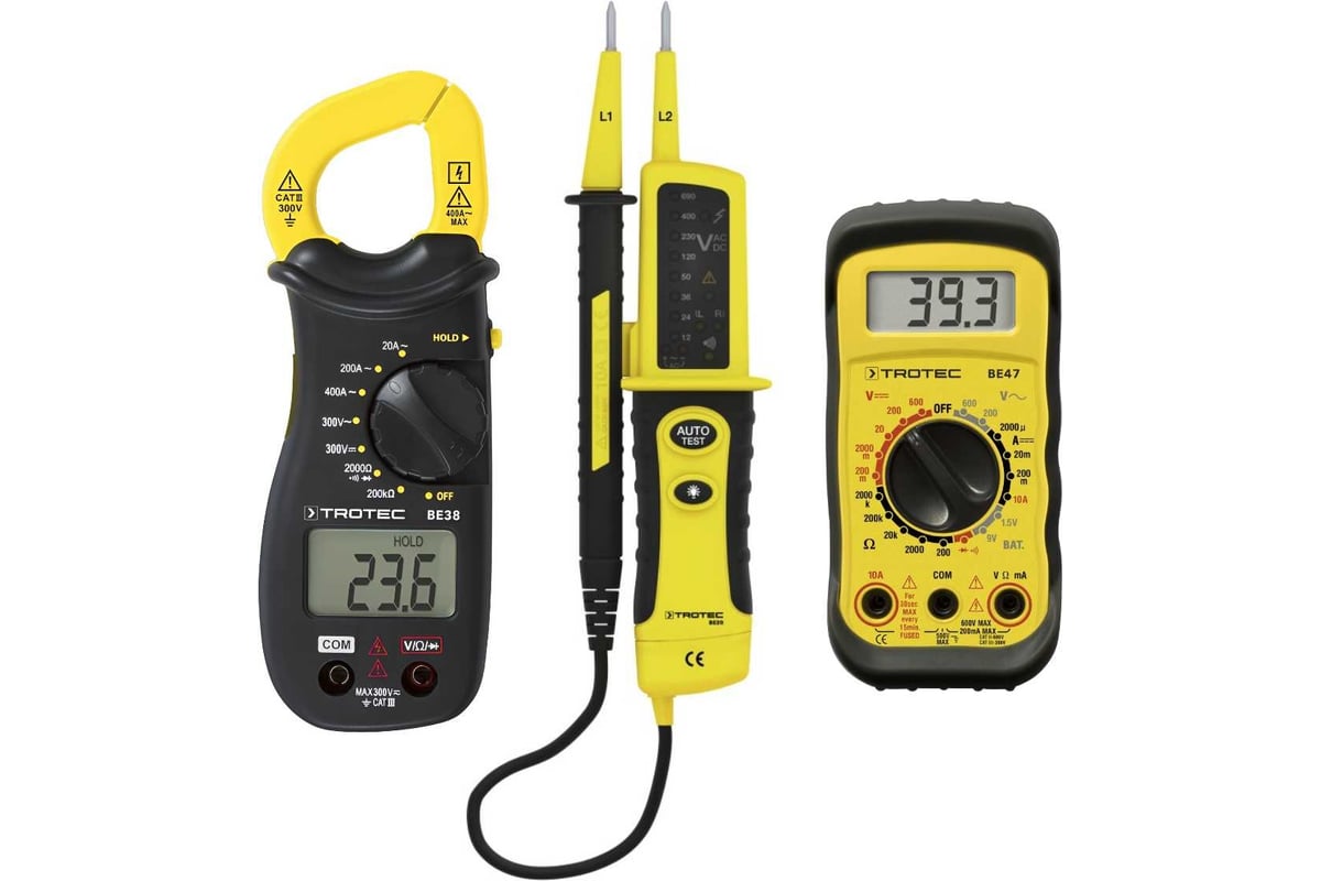 Комплект TROTEC тестер напряжения BE20, токовые клещи BE38 и мультиметр ...