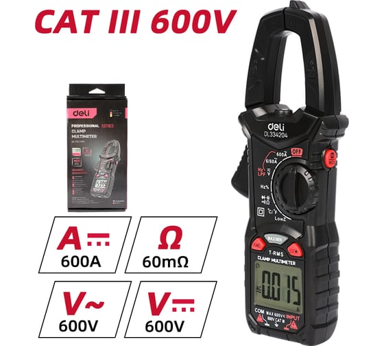 Токоизмерительные клещи цифровые DELI DL334204 (раскрытие клещей 25мм, CAT III 600В, 600А, 60 МОм) 170172