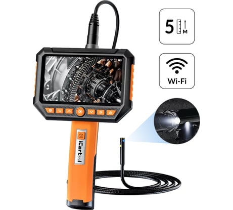 Видеоэндоскоп промышленный iCarTool 5 метров, 2 камеры, экран 5", 2Мп, 1920x1080, 8 мм сменный зонд IC-V116A-5