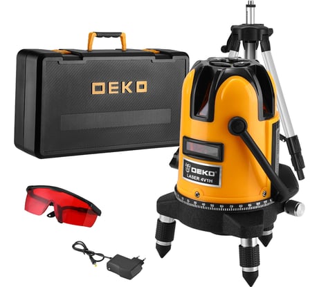 Лазерный самовыравнивающийся уровень DEKO в кейсе LL57 PRO SET 2 PREMIUM со штативом 1 м, 5 линий, красный луч 065-0104-1