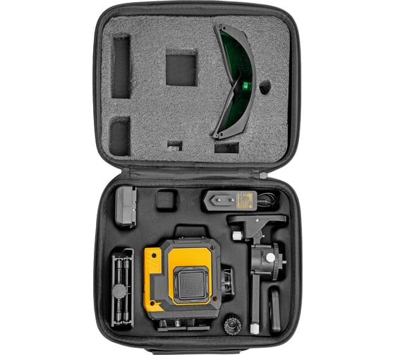 Лазерный уровень мультипризменный Denzel DLV-360-3C, 30 м, зеленый луч, Li-Ion 2,4 Aч, кейс 35080