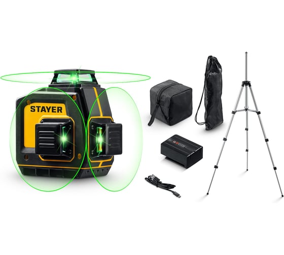 Зеленый лазерный нивелир STAYER SL-3D #3, 50м, точн. +/-0,5 мм/м, штатив 34963-3