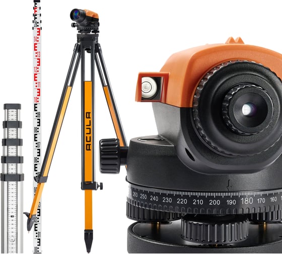 Комплект Оптический нивелир ACULA NIVEX C-28 (кратн.х28; точн.±1.5 мм/км;объектив 40 мм) + Геодезический штатив Geo 12-S (высота 99-173 см, фикс. ножек на винтах, алюминиевый нивелирный, площадка 125 мм, резьба 5/8) + Рейка TLS 5 (5м) LA00165 1