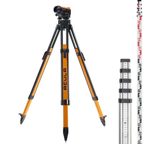 Комплект Оптический нивелир ACULA NIVEX E-38 (кратн.х38; точн.±1.0 мм/км;объектив 36 мм) + Геодезический штатив Geo 12 (высота 99-173 см, фикс. ножек на клипсах, алюминиевый нивелирный, площадка 125 мм, резьба 5/8) + Рейка TLS 5 (5м) LA00173 1