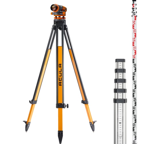 Профессиональный комплект. Оптический высокоточный нивелир Hight-класса NIVEX F-40 (кратн.х40; точн.±1.0 мм/км; объектив 42 мм; IPX6) + Штатив Geo 12-S (высота 99-173 см, фикс. ножек на винтах, площадка 125 мм, резьба 5/8) +Рейка TLS 5 (5м) ACULA LA00179 1