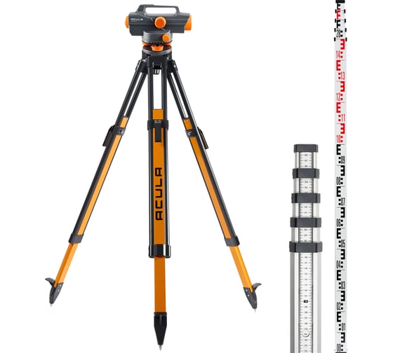 Профессиональный комплект ACULA Высокоточный оптический нивелир с усиленной защитой NIVEX R-38 (кратн.х38; точн.±0.7 мм/км; объектив 40 мм; IPX6) + Штатив Geo 12 (высота 99-173 см, фикс. ножек на клипсах, резьба 5/8) + Рейка TLS 5 (5м) LA00177 1